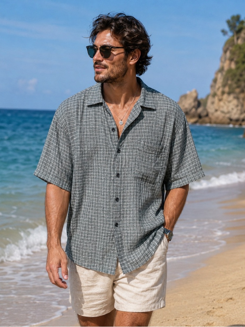 FLAX 100% Linen Short Sleeve Button Down Grid Shirt Gray Black White Men’s Small